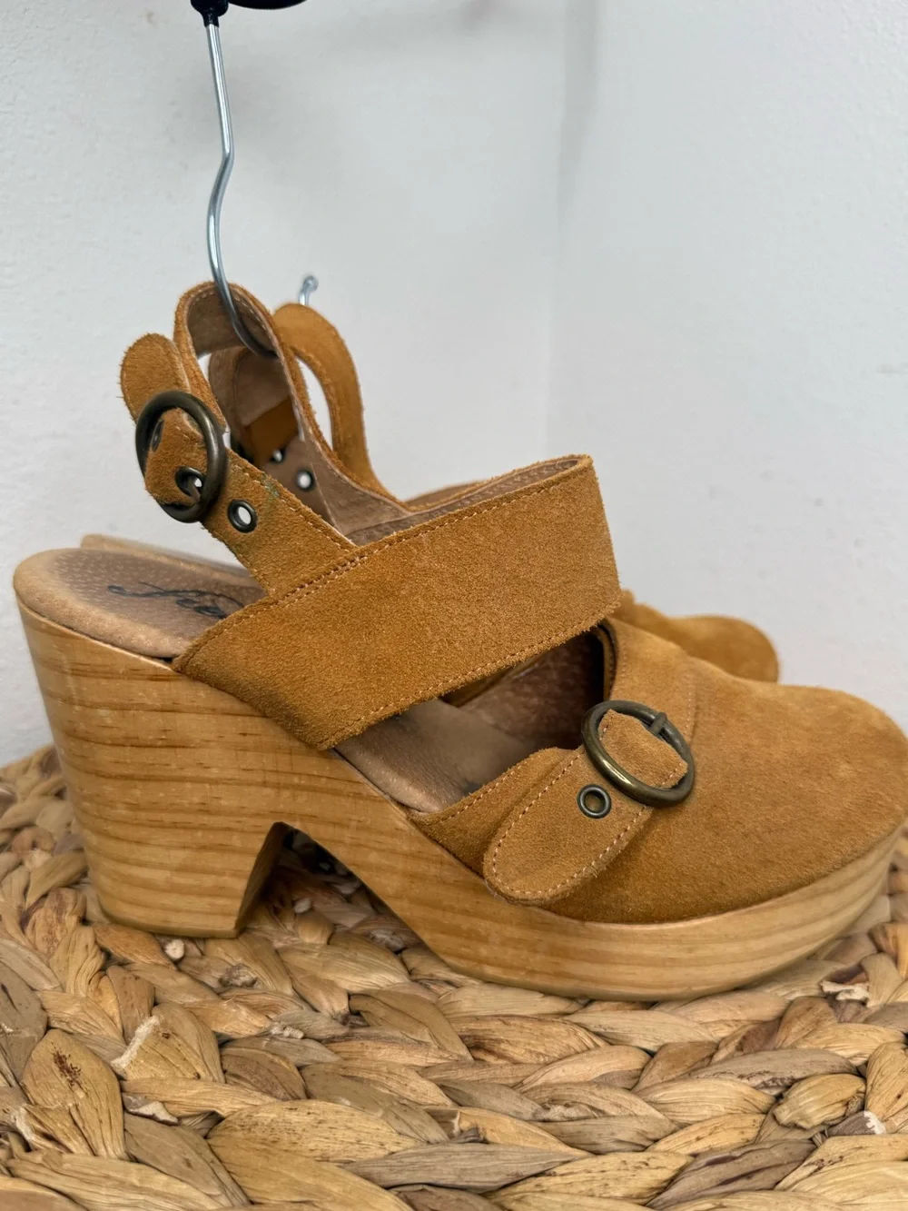 Free People Clogs Park Circle Suede Clog camel tan wooden heel lagenlook